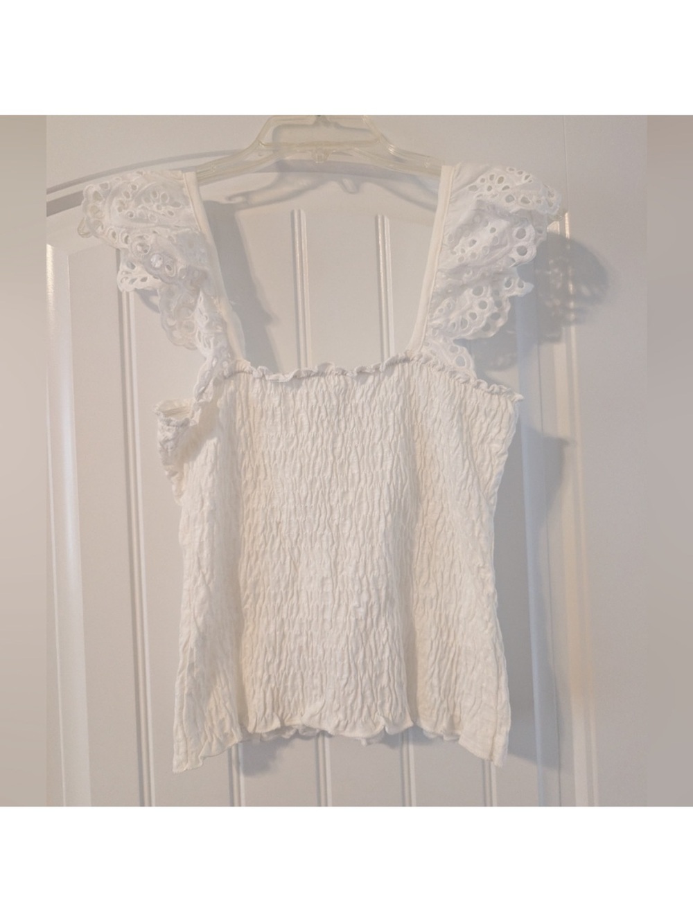 ERI + ALI White Eyelet Ruffle Sleeve Smocked Tank Top ANTHROPOLOGIE nwt